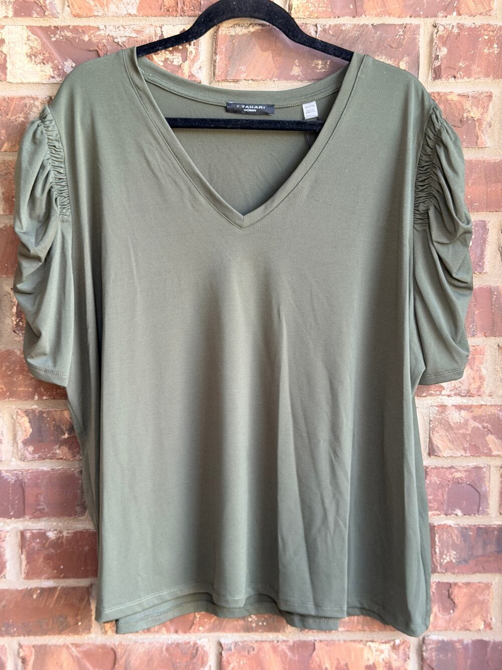 T Tahari Woman 3X Olive Green Ruched Sleeve V Neck Stretch Blouse